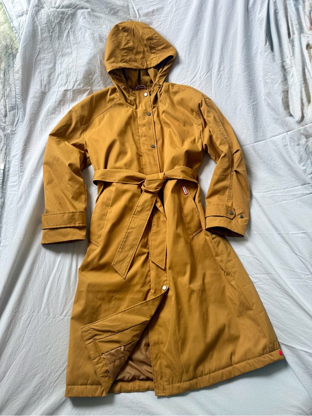Hunter Mustard Brown Hooded Trench Coat with Belt